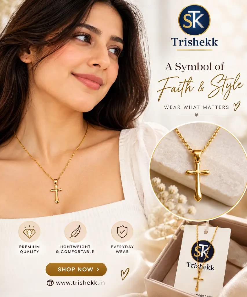 Trishekk Gold Cross Necklace Advertisement.webp