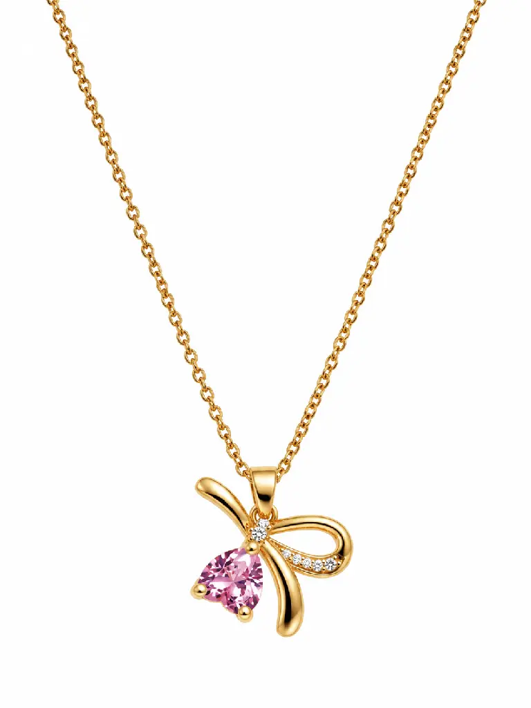 Gold Bow Pendant Necklace with Pink Gem.webp