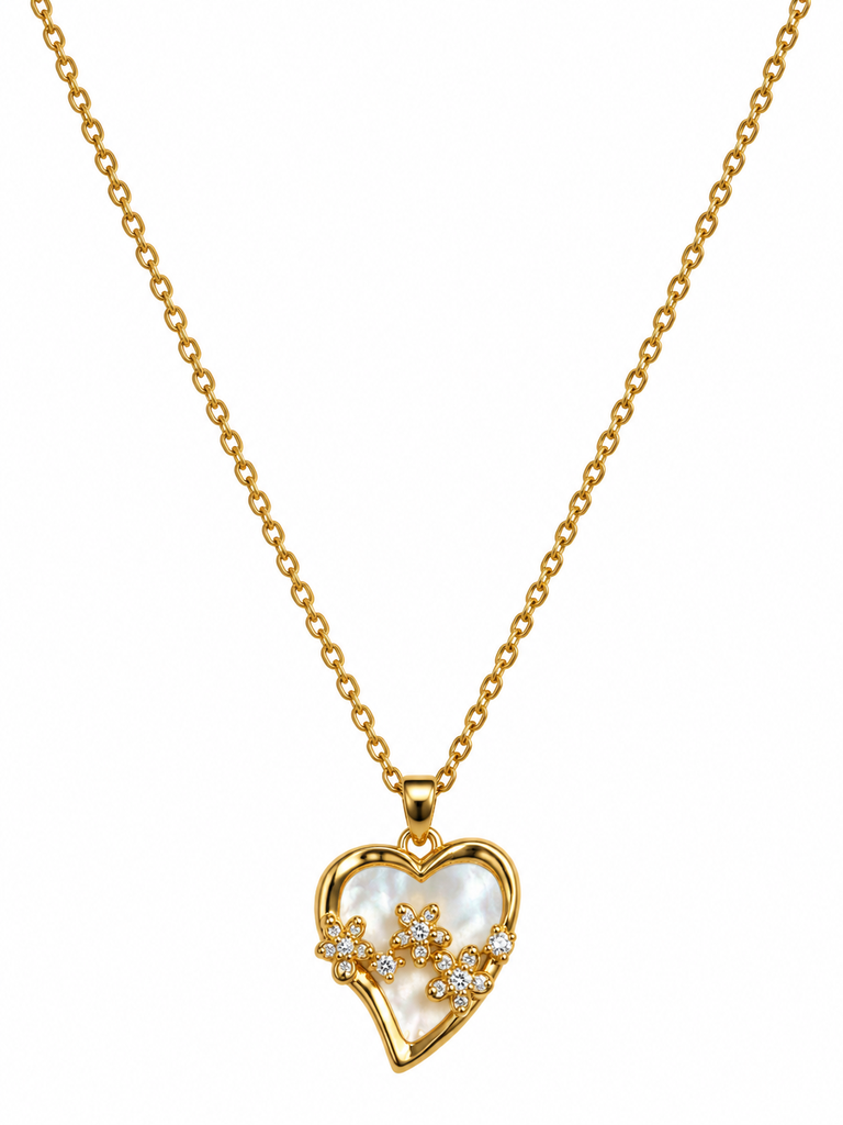 Elegant Heart Pendant Necklace – Gold Tone with Floral Crystal Design