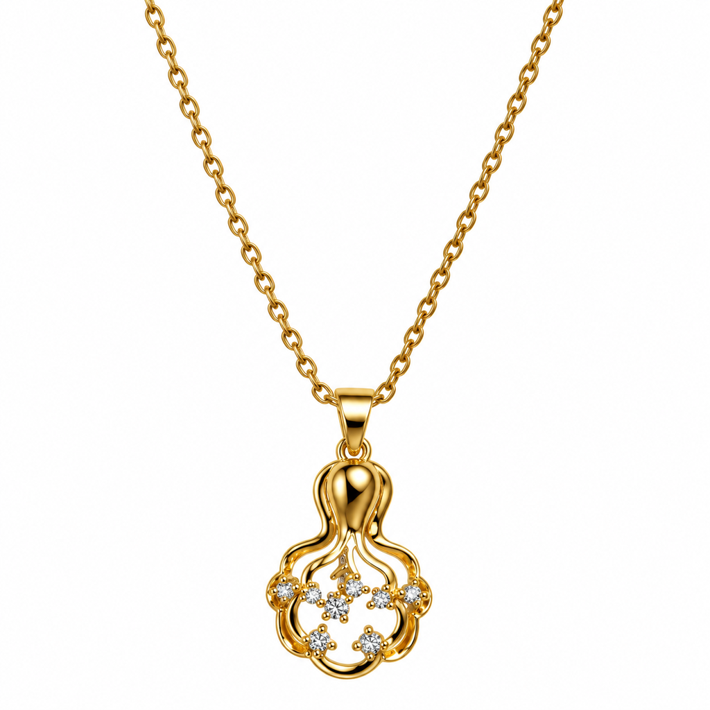 Stylish Octopus Inspired Necklace – Gold Tone Pendant with Sparkling Stone