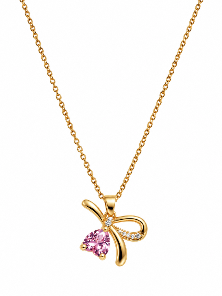 Gold Tone Bow Pendant Necklace for Women & Girls – Pink Heart Stone & Crystal Detail