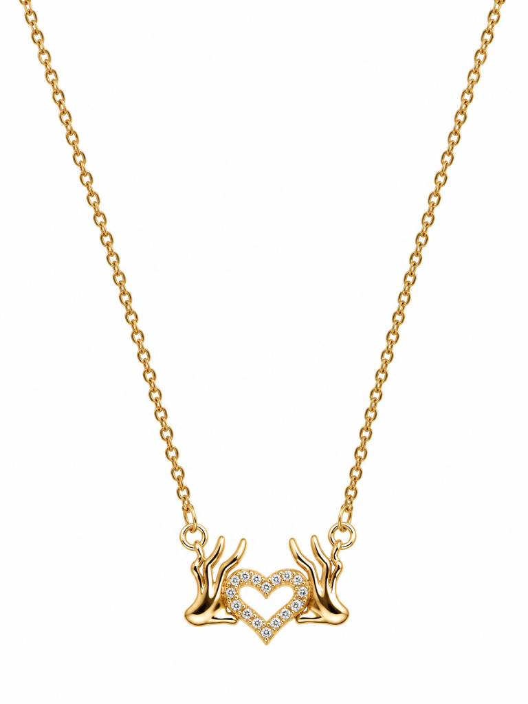 Heart Holding Hands Pendant Necklace – Gold Tone Crystal Necklace