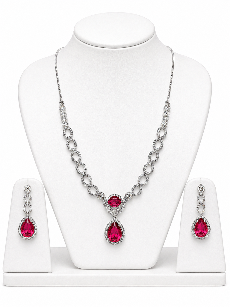 [AD Jewellery-2] AD Jewellery Stylish Women Necklace Set (Ruby)